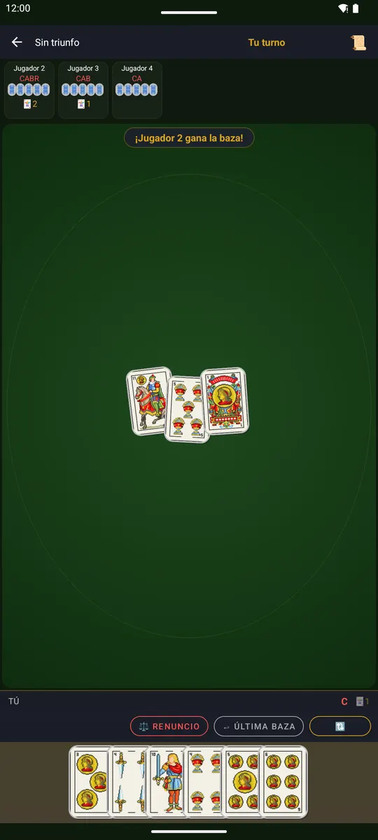 Game against the AI: the table with the cards of the trick and the player's hand